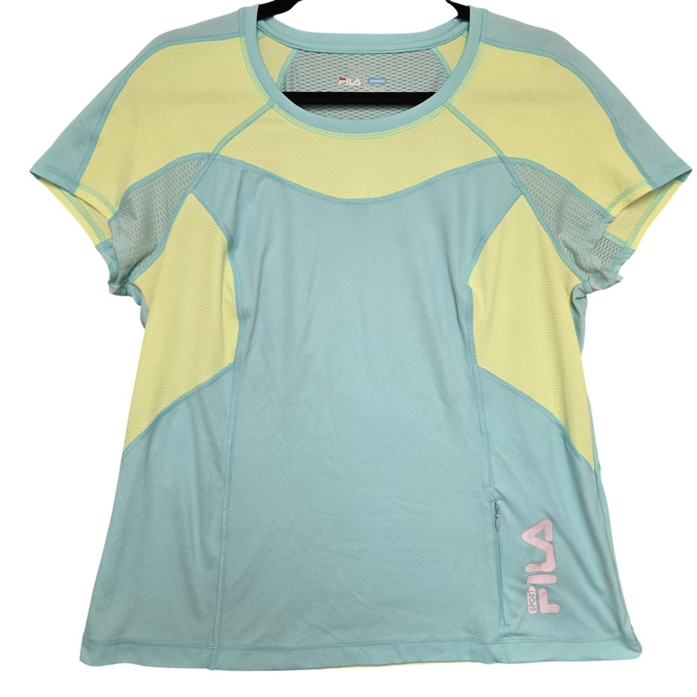 Fila Sport Running Shirt Womens XL Aqua Blue Neon Yellow Mesh Back Zip Pocket